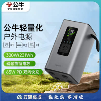 公牛300W快充移动户外电源220V PD65W双向快充 约7.2万mAh磷酸铁鲤电芯露营停电应急备用笔记本充电宝230Wh