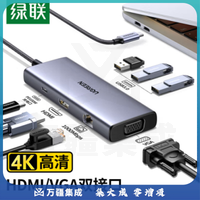 绿联15599 Type-C扩展坞 千兆网线转接口USB网卡拓展坞读卡器HDMI/VAG转C口 通用笔记本电脑扩展器