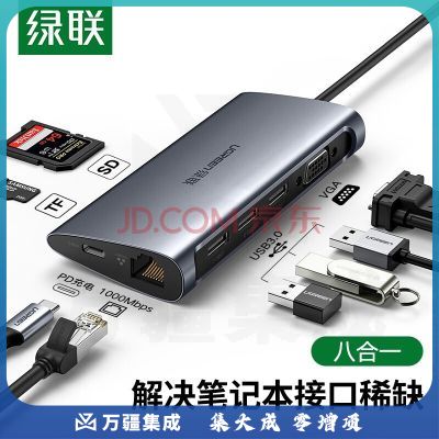 绿联Type-C扩展坞USB-C转HDMI/VGA转换器雷电3拓展分线器适用华为苹果MacBook 8合1【VGA 网卡 读卡器】50539