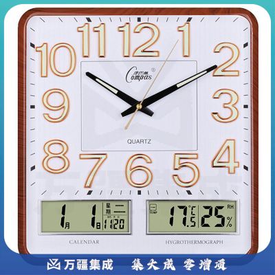 康巴丝（Compas）挂钟客厅万年历温湿度时钟简约日历石英钟表 C2983Y 夜光咖木