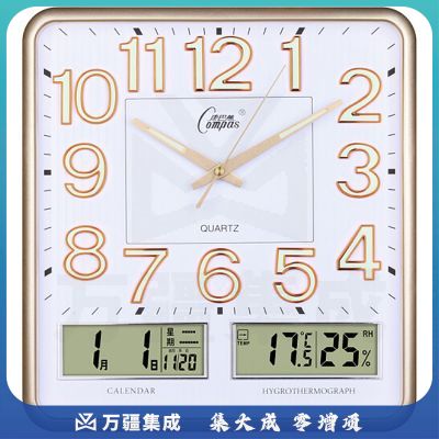 康巴丝（Compas）挂钟客厅万年历温湿度时钟简约日历石英钟表 C2983Y 夜光闪金