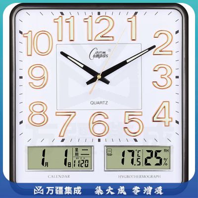康巴丝（Compas）挂钟客厅万年历温湿度时钟简约日历石英钟表  C2983Y 夜光黑白