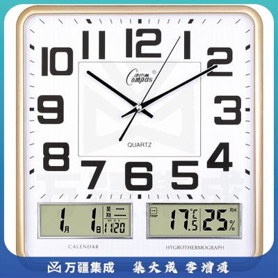 康巴丝（Compas）挂钟客厅万年历温湿度时钟简约方形日历石英钟表 C2983 闪金