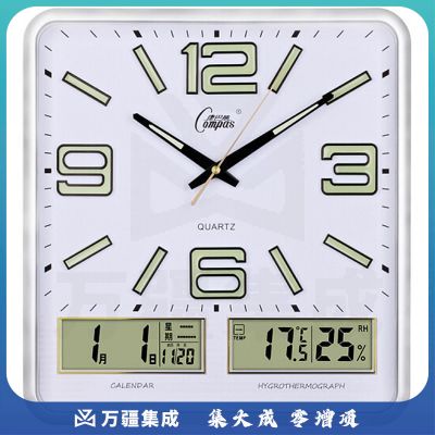 康巴丝（Compas）挂钟万年历温湿度钟表简约挂表客厅石英钟日历时钟 C3073 夜光闪银