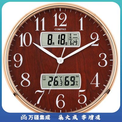 康巴丝（COMPAS）客厅挂钟 客厅万年历石英钟表挂墙卧室时钟日历温湿度挂表 3231-2亚克力红木纹盘