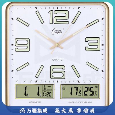康巴丝（Compas）挂钟万年历温湿度钟表简约挂表客厅石英钟日历时钟 C3073 夜光闪金
