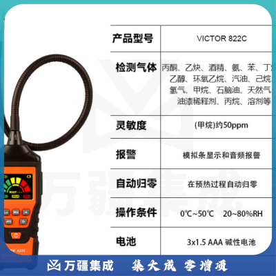 胜利仪器（VICTOR）可燃气体检测仪 探测仪 易燃气溶度检测仪 燃气泄漏报警器 检漏仪 VC822C