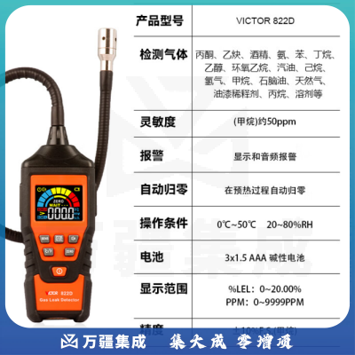 胜利仪器（VICTOR）可燃气体检测仪 探测仪 易燃气溶度检测仪 燃气泄漏报警器 检漏仪 VC822D