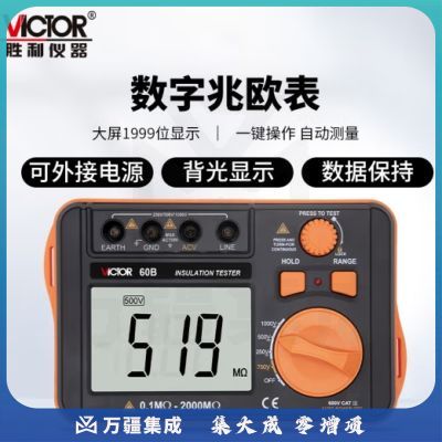 胜利仪器（VICTOR）VC60B数字兆欧表 绝缘电阻测试仪250V/500V/1000V 数字摇表