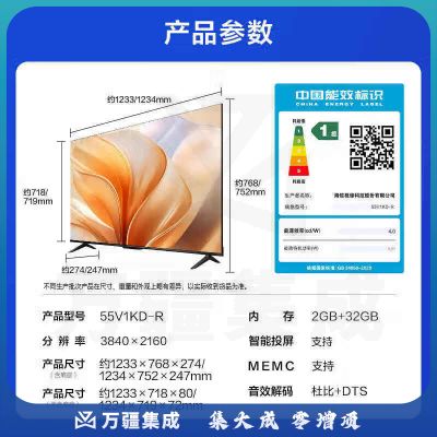 海信Vidda R55节能版55英寸全屏智能网络55V1KdR vidda55V1KD +底座+挂架55