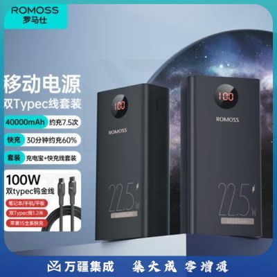 罗马仕40000毫安时充电宝22.5W 双向快充大容量移动电源 双Type-C线100W1.2米套装