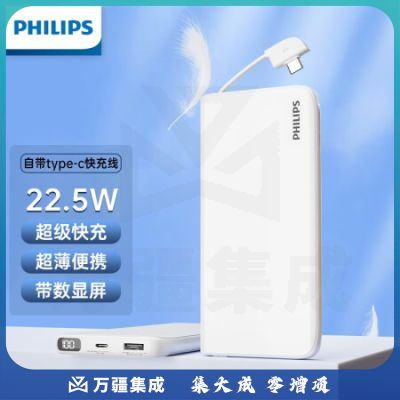 飞利浦（PHILIPS） 充电宝自带线10000毫安快充移动电源大容量双USB输出适用于苹果华为手机 自带type-c充电线10000mAh