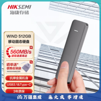 海康威视（HIKVISION）HS-ESSD-WIND 512G移动固态硬盘（PSSD）Type-c USB3.1接口 WIND 512GB 高速560MB/s 防震抗摔