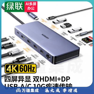 绿联15978 Type-C3.2扩展坞USB-C转双HDMI/DP雷电4拓展屋四屏异显10G转接4K60Hz多展扩展13口合一 p